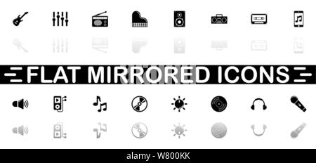 Musik Symbole - schwarzes Symbol auf weißem Hintergrund. Einfache Abbildung. Flache Vektor Icon. Spiegelbild Schatten. In logo, Web, Mobile und verwendet werden. Stock Vektor