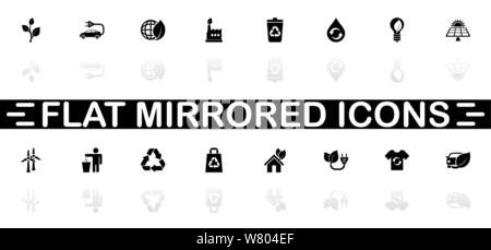Ökologische Symbole - schwarzes Symbol auf weißem Hintergrund. Einfache Abbildung. Flache Vektor Icon. Spiegelbild Schatten. In logo, Web, Mobile verwendet werden. Stock Vektor