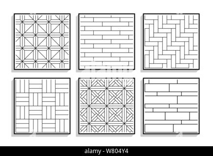 Satz von nahtlosen Parkettboden Texturen. Schwarze und weiße grafische Muster von Holzwerkstoffen Stock Vektor
