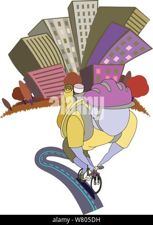 Bike Messenger Reiten mit einem Skyline der Stadt hinter sich. Stock Vektor