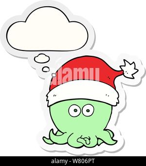 Cartoon Octopus tragen Mütze mit Gedanken bubble als gedruckte Aufkleber Stock Vektor