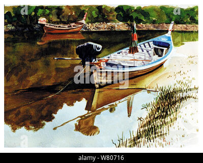 Motorboot in China sitzen Leerlauf am Ufer eines Flusses Stockfoto