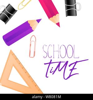 School suplies Herrscher, Buntstifte mit Zitat Schule Zeit und Raum Text platzieren, Vector Illustration. Square Banner Hintergrund Vorlage Stock Vektor