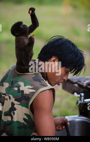 Gemeinsame Wollaffen (Lagothrix lagotricha) sitzt auf der Rückseite der Mann im Heiligtum, Ikamaperou Heiligtum, Amazonas, Peru. Oktober 2006. Stockfoto