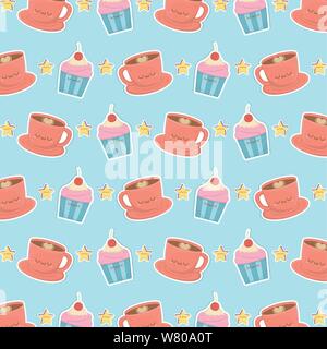 Kaffee und Kuchen kawaii Zeichen Muster Vector Illustration Design Stock Vektor