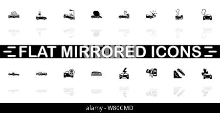 Auto stürzt Symbole - schwarzes Symbol auf weißem Hintergrund. Einfache Abbildung. Flache Vektor Icon. Spiegelbild Schatten. In logo, Web genutzt werden, mobil Stock Vektor