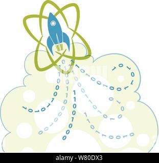 Rocket Strahlen mit digitalen Zahlen als Abgas durch ein nukleares Symbol umgeben. Stock Vektor