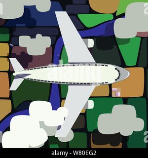 Airliner. Ein Passagier Flugzeuge fliegen über Feldern und einem Fluß, von Wolken umgeben, oberhalb und unterhalb von oben gesehen Stock Vektor