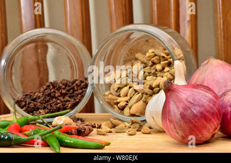 Zutaten zum Kochen. Gewürze und Kräuter mit Zwiebel und Knoblauch auf Holzbrett Stockfoto