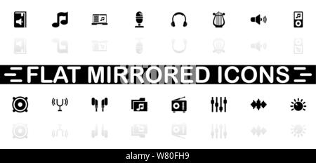 Sound Icons - schwarzes Symbol auf weißem Hintergrund. Einfache Abbildung. Flache Vektor Icon. Spiegelbild Schatten. In logo, Web, Mobile und verwendet werden. Stock Vektor