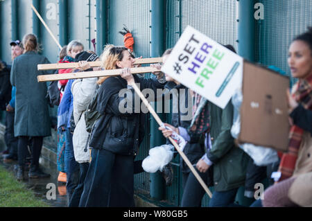 Bis zu 600 Aktivisten wurden von ehemaligen Häftlingen trat an einer Demonstration an der Yarl Holz Einwanderung Ausbau Center in der Nähe von Bedford zu nehmen. Stockfoto