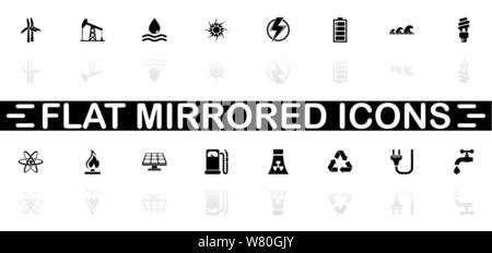 Energie Symbole - schwarzes Symbol auf weißem Hintergrund. Einfache Abbildung. Flache Vektor Icon. Spiegelbild Schatten. In logo, Web, Mobile und verwendet werden. Stock Vektor