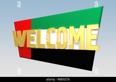 Willkommen Zeichen ist Farbe der Flagge UAE gemalt. 3D-Rendering Stockfoto