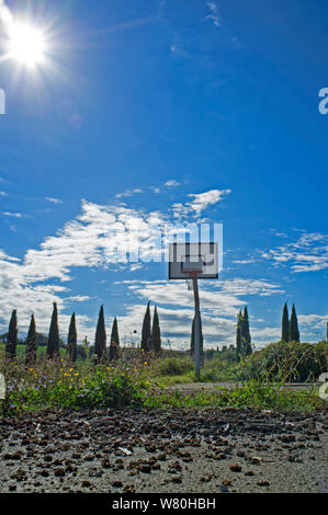 Abgebrochene Basketballplatz in der Mitte einer Wiese Stockfoto