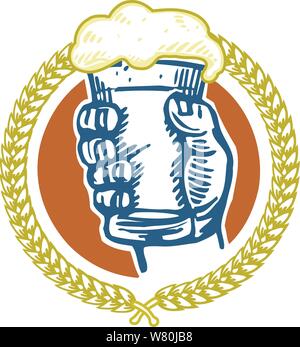 Bier toast Logo hand mit angehobenem schaumige Glas Bier Farblithographie. Stock Vektor