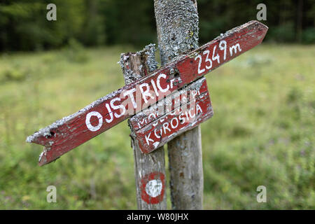 Wanderweg Schild für Berg Ojstrica und Korosica im Tal Robanov Kot, Slowenien Stockfoto