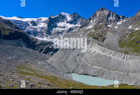 Moiry Gletscher, Glacier de Moiry, endet in einer Gletscherzunge, Moräne und den Gletschersee, Val d'Anniviers, Wallis, Schweiz Stockfoto