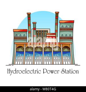 Cartoon Wasserkraftwerk mit Wasserfall oder Wasserkraftwerk am Fluss. Elektrischer Generator für Erneuerbare oder grüne Energie. Fabrik für Eco elektrische Stock Vektor