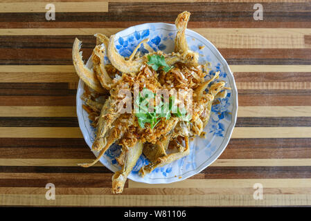 Knusprig gebratenen Knoblauch weich Fisch oder Wels Fisch, berühmte thailändische Mahlzeit zum Mittag- oder Abendessen. Stockfoto