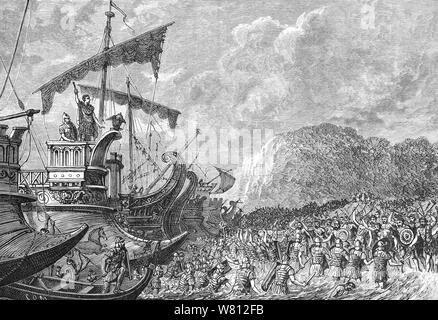 In 55 BC, Julius Caesar beschlossen, eine Expedition nach Großbritannien zu machen. Er sammelte eine Flotte bestehend aus 80 Transportschiffe, ausreichend zwei Legionen, die er zunächst versucht, Dubris (Dover), einem natürlichen Hafen an Land als einen geeigneten Landeplatz identifiziert. Aber, da er kam in Sichtweite der Küste, die angesammelten Truppen der Briten auf der mit Blick auf den Hügeln und Felsen ihn von der Landung abbringen und die Flotte segelte entlang der Küste zu einem offenen Strand. In entlang der Küste durch die Britische Kavallerie und Wagen verfolgt, die Landung war dagegen. Schlimmer noch, Stockfoto