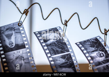 Abgewischt mit der Lösung des Reibenalkohols, hängen die Streifen der Filmnegative zum Trocknen auf. Stockfoto