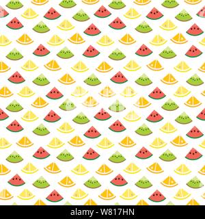 Nahtlose Hintergrundbilder Muster mit fruchtschnitten von Kiwi, Wassermelone, Orange und Zitrone. Gesundes essen Hintergrund Vector Illustration. Stock Vektor