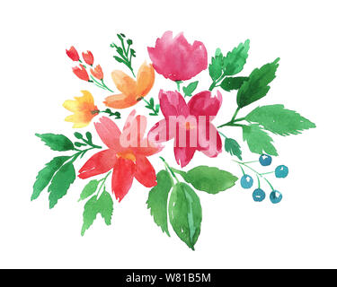 Handzeichnung boho Aquarell blumen Abbildung mit rot, orange, gelb, Blumen, Beeren sowie blauen und grünen Blättern. Stockfoto