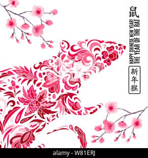 Frohes Chinesisches neues Jahr - 2020 text und Ratte Tierkreis und Blume. Chinesische Zeichen bedeuten, ein glückliches Neues Jahr Stock Vektor