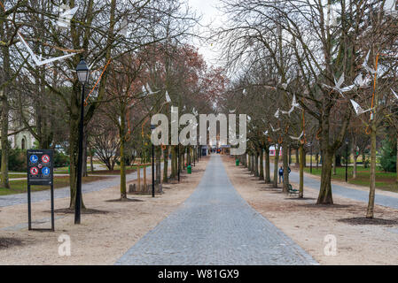 Gehweg und Linie der Bäume ohne Blätter im Palais Eynard und Promenade des Bastions, großen grünen Park in Genf, Schweiz, im Winter. Stockfoto