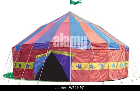Eine alte Zeit Zirkuszelt, Big Top mit offenen Klappen und eine Fahne winken auf der Oberseite Stock Vektor
