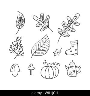 Der Vektor Monoline-versicherer doodle floralen Elementen. Herbst Kollektion Grafik Design. Kräuter, Blätter, Stiefel, Schale und Kürbis. Hand gezeichnet Thanksgiving moderne Stock Vektor