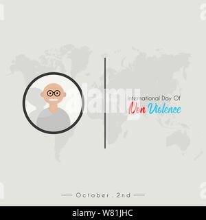 Internationaler Tag der Gewaltlosigkeit mit Indien oldman cartoon Vektor Icon mit Brillen, und Weltkarte Hintergrund Stock Vektor