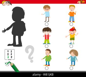 Cartoon Illustration auf das Finden der richtigen Schatten Lernspiel für Kinder mit Jungen Zeichen Stock Vektor