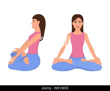 Mädchen sitzen in Lotus position Vorder- und Seitenansicht, Symbole im flachen Stil, Frau Yoga oder Meditation Vector Illustration Stock Vektor