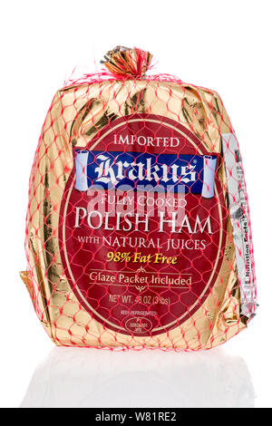 Winneconne, WI - 21 Juli 2019: ein Paket von Krakus voll gekocht polnischen Schinken auf einer isolierten Hintergrund Stockfoto