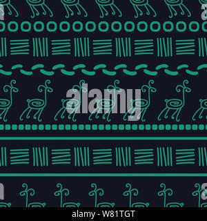 Die nahtlose Vektor Tribal Muster mit stilisierten Tieren und geometrischen Streifen Stock Vektor