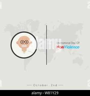 Internationaler Tag der Gewaltlosigkeit mit Indien Kopf oldman cartoon Vektor Icon mit Brillen, und Weltkarte Hintergrund Stock Vektor