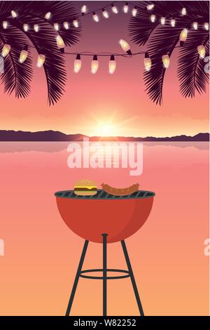 Bbq am Strand bei Sonnenuntergang mit Märchen Licht und Palmen Vektor-illustration EPS 10. Stock Vektor