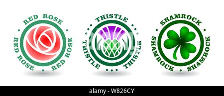 Sammlung von runden Logos mit Rose, Distel, Shamrock. Nationale Symbole von England, Schottland, Irland Stock Vektor