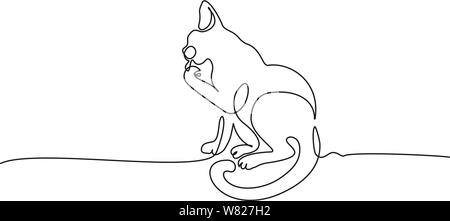 Kontinuierliche eine Linie zeichnen. Katze sitzt und Reinigung Pfote. Vector Illustration Stock Vektor