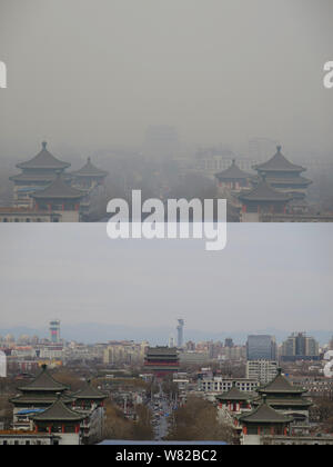 Dieser zusammengesetzte Foto zeigt die Beijing Drum Tower, auch als Gulou, Mitte und Beijing Olympic Tower in Peking, China, in schweren Smog bekannt am 15. Firma Stockfoto