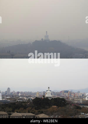 Dieser zusammengesetzte Foto zeigt die weiße Pagode im Beihai-park in Peking, China, in schweren Smog am 15. Februar 2017 (oben) und an einem bewölkten Tag auf 16 Feb. Stockfoto