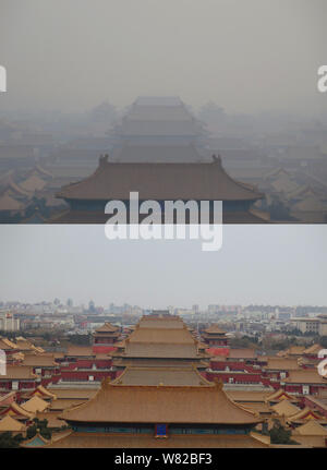 Dieser zusammengesetzte Foto zeigt den Palast Museum, auch als die Verbotene Stadt in Peking, China, in schweren Smog am 15. Februar 2017 (obere bekannt) und auf einen Stockfoto