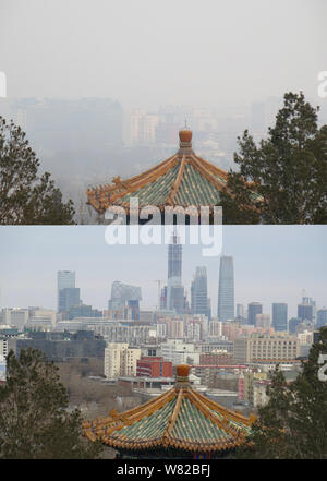 Dieser zusammengesetzte Foto zeigt die CBD (Central Business District) mit Wolkenkratzer und Hochhäuser Bürogebäude in Peking, China, in schweren Smog am 15. Stockfoto