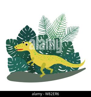 Niedlich, Cartoon ceratosaurus Dinosaurier auf dem Hintergrund der Büsche von tropischen Palmen Blätter. Vector Illustration Stock Vektor