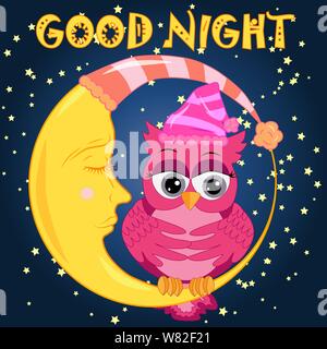 Ein süßes Cartoon rosa Eule in einem Schlaf cap entspannt sitzen auf einem schlafenden Sichel des Mondes unter einer dunklen Nacht Himmel und Sterne Stock Vektor