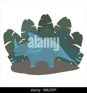 Niedlich, cartoon Dinosaurier triceratops auf dem Hintergrund der Büsche von tropischen Palmen Blätter. Vector Illustration Stock Vektor