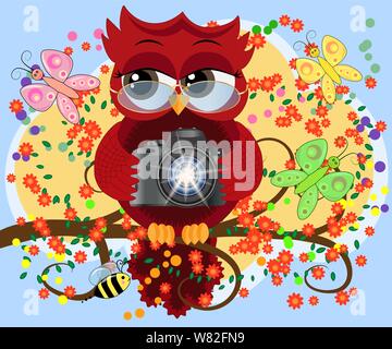 Ein rotes Bonbon Eule in Gläsern und mit einer Kamera sitzt auf einem blühenden Zweig eines Baumes. Foto Business, Fotograf, Berufung, Beruf Stock Vektor
