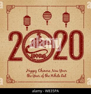 2020 Chinesisches neues Jahr, Jahr der Ratte (Chinesische Übersetzung: Frohes Neues Jahr ; ratte) Stempel auf altem Papier. Stock Vektor