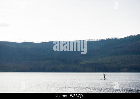 Junges Mädchen Stand up Paddle Boarding auf einem See McDonald im Glacier National Park Stockfoto